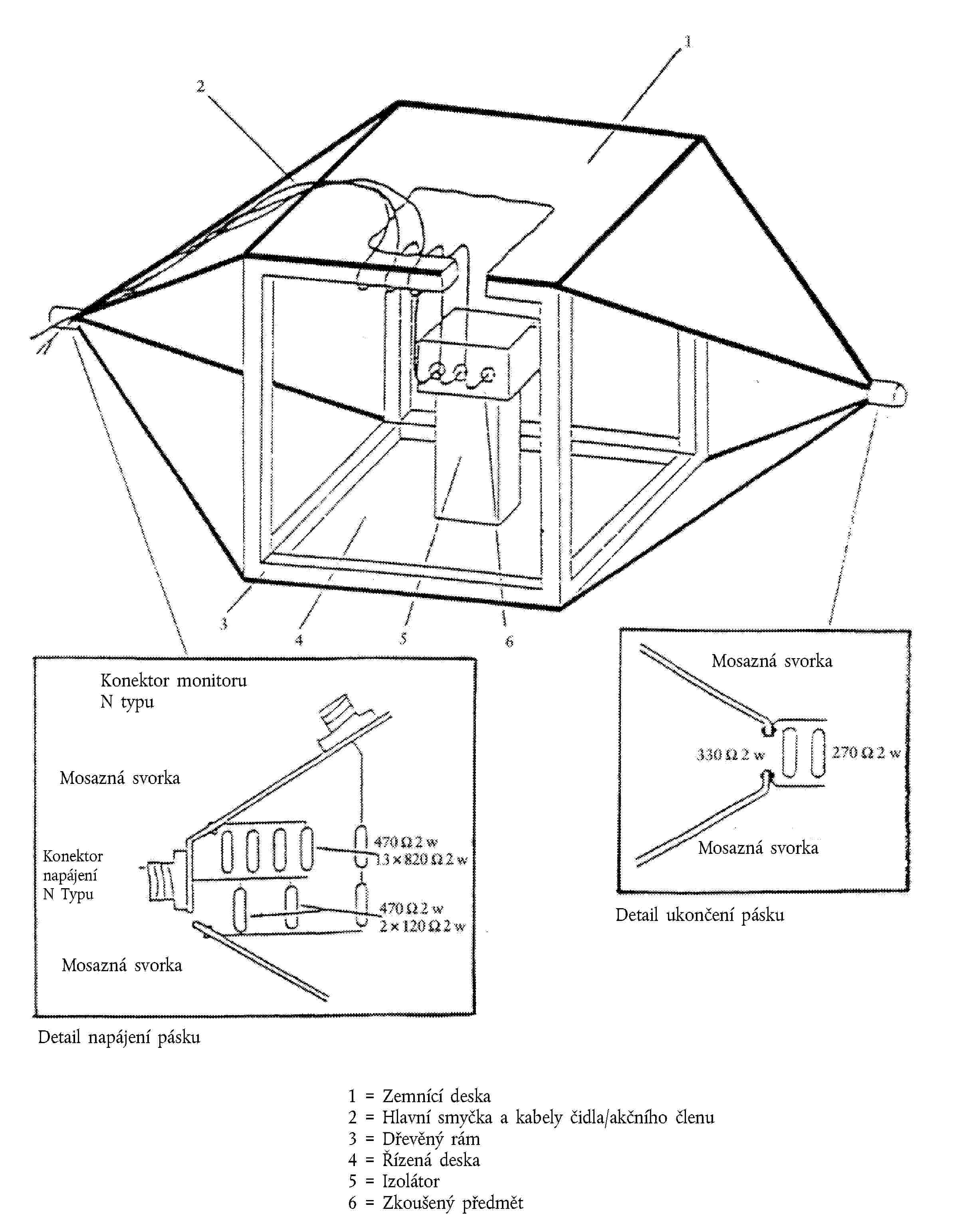 Konektor monitoruN typuMosazná svorkaKonektornapájeníN TypuMosazná svorkaMosazná svorkaMosazná svorkaDetail napájení páskuDetail ukončení pásku1 = Zemnící deska2 = Hlavní smyčka a kabely čidla/akčního členu3 = Dřevěný rám4 = Řízená deska5 = Izolátor6 = Zkoušený předmět